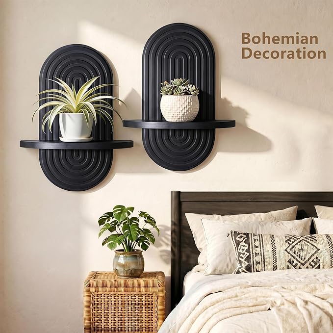 Heiple Set of 2 Boho Arched Floating Shelves 15.7”x 7.8”3D Wooden Hanging Shelf for Living Room Bedroom Nursery Mid Century Modern Wall Decor(Black, 11.7 * 15.7)