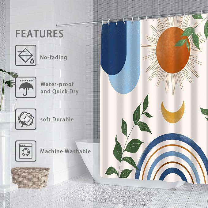Mid Century Abstract Boho Aesthetic Shower Curtain Set, Blue Nature Leaf Sun Modern Minimalist Home Bathroom Curtain Decor with 12 Hooks 84 Inch Wide * 72 Inch High
