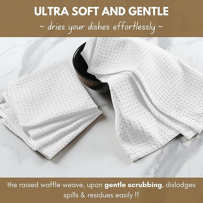 Native Fab Waffle 12 Pack Dish Cloths - 100% Cotton, Soft, Absorbent, Quick Drying, Washable Towels for All Cleaning, Cooking & Baking - Ideal for Home, BBQ, Hotels, Bars - 12x12 Inches - White