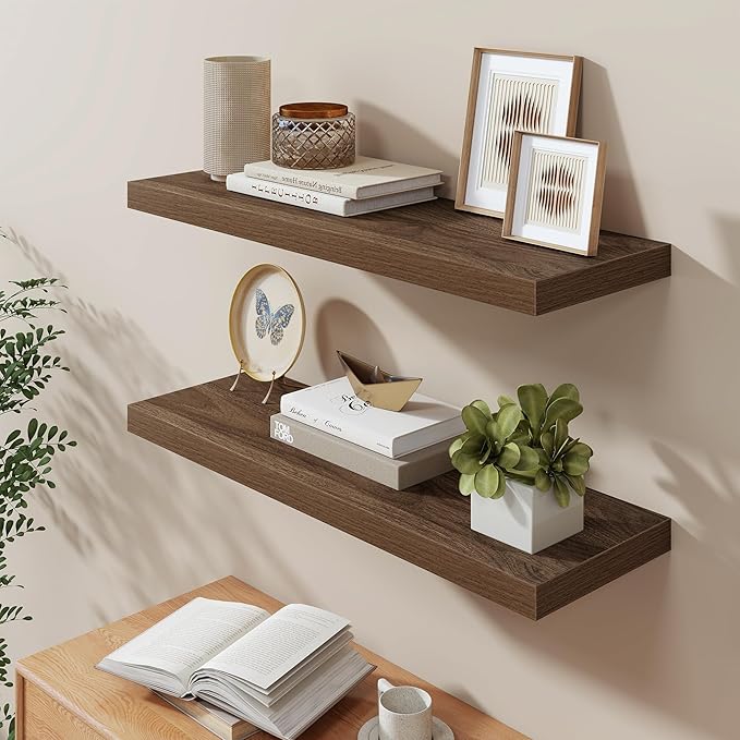 36 Inch Long Floating Shelves for Wall, 9.3 Inch Deep Floating Shelf with Heavy-Duty Bracket, 2 Pack Long Shelves for Bathroom, Living Room, Bedroom, Wall Mounted Storage Shelf for Books Decor, Walnut