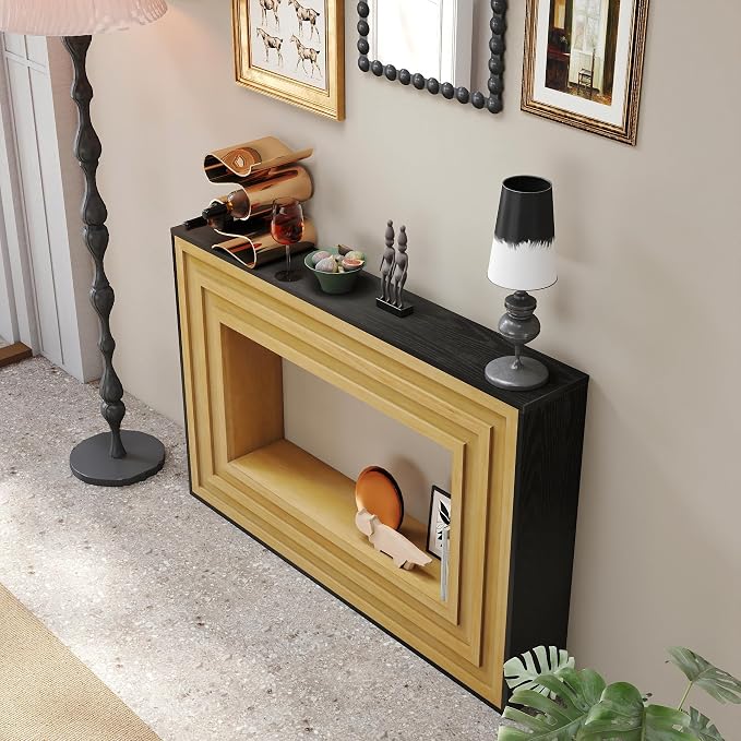 Wood Console Table, 47.24" Retro Long Boho Sofa Table Behind Couch with Layered Wood Frame and Black Top, Wooden Narrow Sofa Table Hall Table for Living Room Foyer Entrance Entryway, Natural