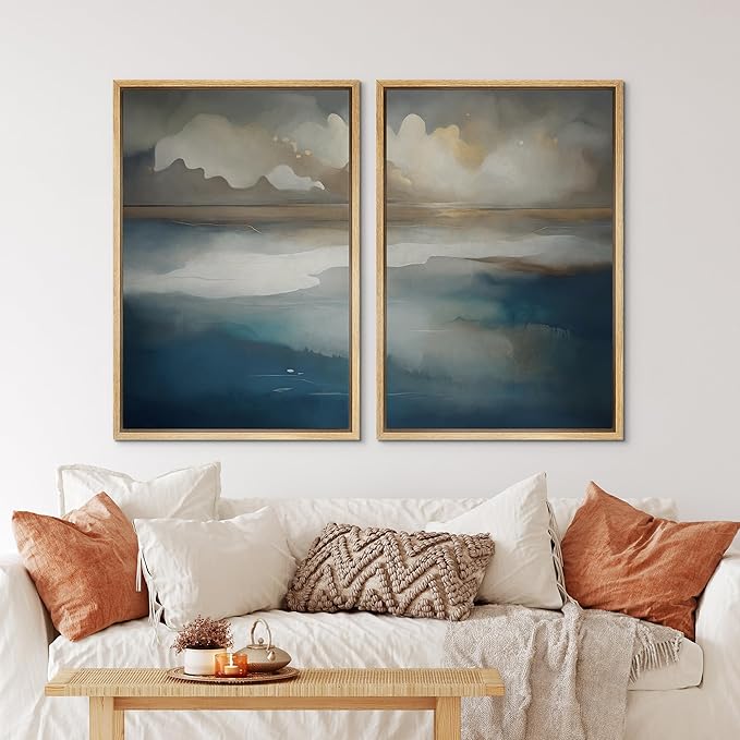IDEA4WALL Framed Canvas Print Wall Art Set Ocean Cloudscape Blue and Beige Abstract Seascape Illustrations Modern Art Decorative Bohemian Calm/Zen for Living Room, Bedroom, Office - 24"x36"x2 Natural