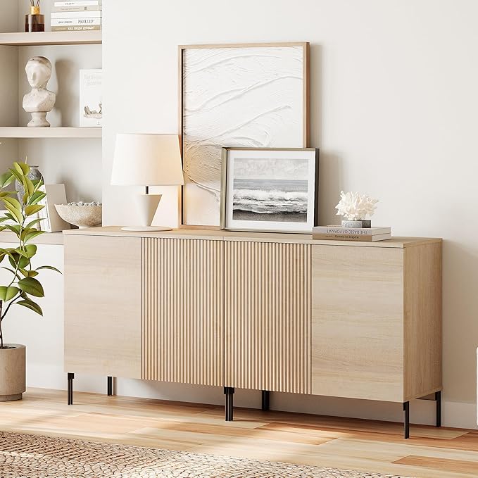 WAMPAT 63" Sideboard Buffet Cabinet with 4 Doors and Adjustable Shelves, Fluted Storage Cabinet, Modern Credenza Coffee Bar Wine Bar Table for Kitchen, Dining Room, Living Room,Beige
