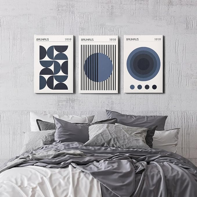 Minimalist Geometric Wall Art Bauhaus Exhibition Poster Abstract Shape Prints Mid Century Modern Artwork Boho Modern Pictures Abstract Geometric Painting Blue Bauhaus Poster 16x24inch Wood Framed