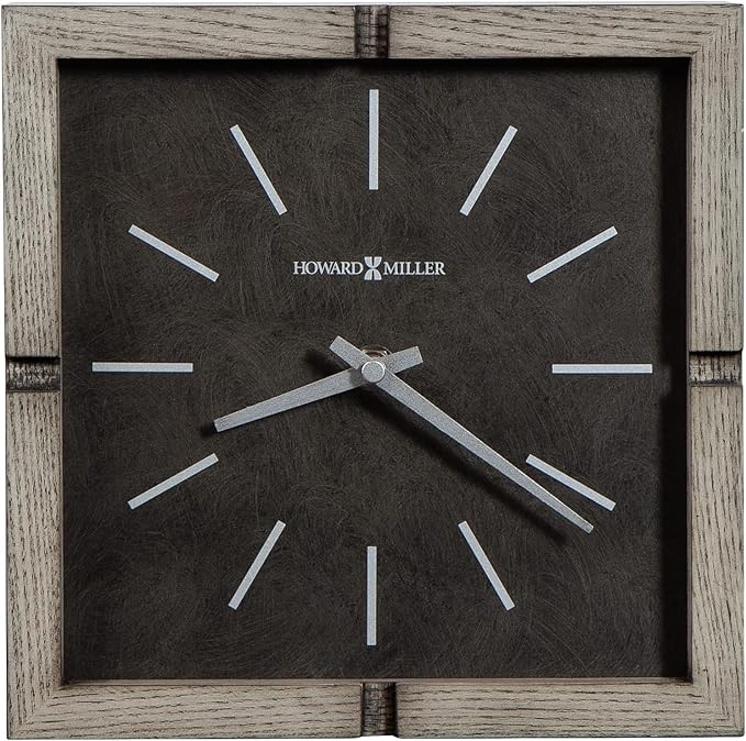 Howard Miller Fortin Mantel Clock - Woden Square Tabletop Timepiece, Battery Operated Analog Desk Clock, Gray Finish, Silver Hands, Quartz Movement, Vintage, Ideal Living Room, Home and Office Decor