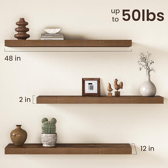 Floating Shelves 48Inch Long, 12 Inch Deep Floating Shelves for Wall, 48 x 12 Large Floating Shelf for Fireplace Mantel, 2" Thicked Wall Shelf for Living Room, Bedroom Storage, Rustic Brown, 2 Packs