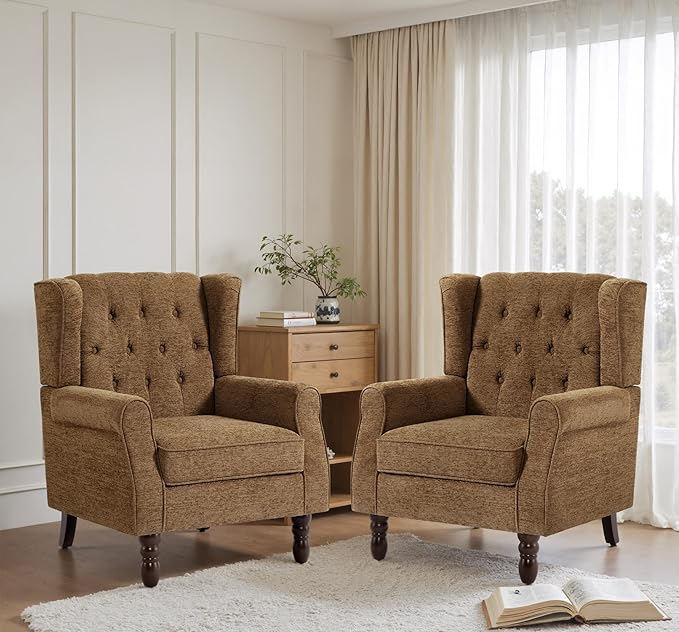 Lumibee High Back Accent Chair Set of 2,Upholstered Wingback Armchair with Solid Wood Legs for Small Spaces,Comfy Single Sofa Chair for Living Room,Bedroom,Office-Brown
