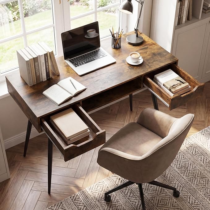 Tangkula Mid Century Modern Computer Desk, Writing Desk with 2 Drawers & Open Center Storage, Small Wooden Study Table for Home Office & Compact Spaces (Rustic Brown)