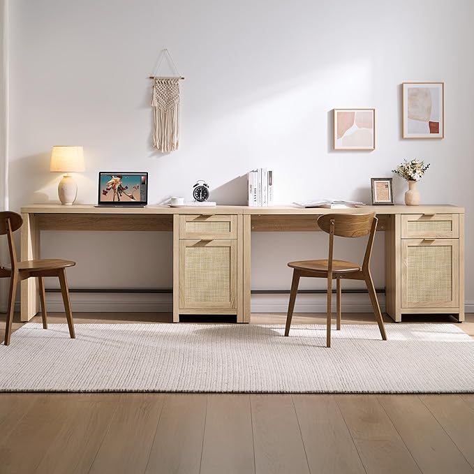 SICOTAS Rattan Home Office Desk, 2 Pieces 59" Boho Executive Desk with Storage Cabinets and Drawers, Larger Computer Laptop Vanity Desk for Office, Study, Living Room, Light Oak