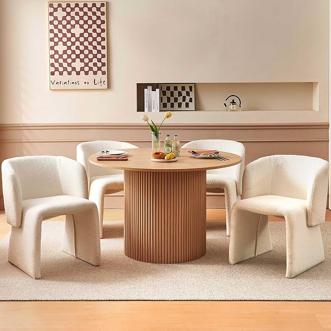 NORDICANA 5-Piece Round Dining Table Set for 4, Rustic 47-Inch Kitchen Table and Chair Set, Dining Set with Off White Upholstered Armchairs, Manufactured Wood Top with Oak Veneer