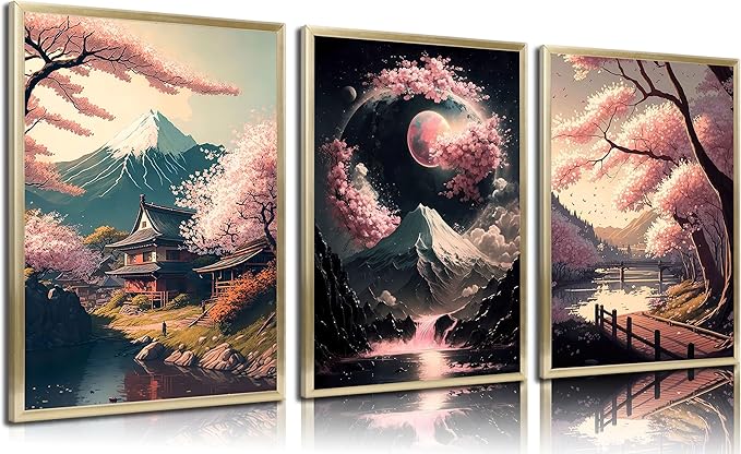 3Pcs Japanese Canvas Wall Art Cherry Blossom Lake Landscape Posters Prints Japan Mount Fuji Wall Decor Pictures for Living Room Bedroom Home Decoration Unframed