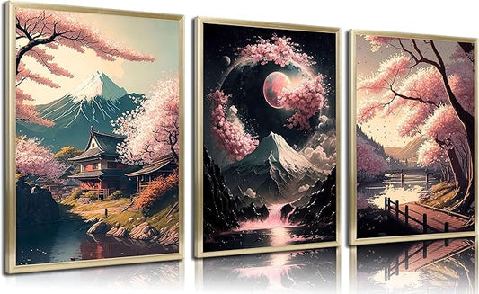 3Pcs Japanese Canvas Wall Art Cherry Blossom Lake Landscape Posters Prints Japan Mount Fuji Wall Decor Pictures for Living Room Bedroom Home Decoration Unframed