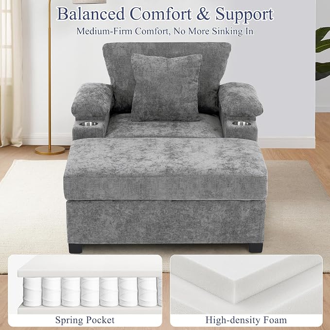 SUNWAVE 58" Chaise Lounge Chair with Ottoman, Chenille Fabric Sofa Bed, Accent Chair with Cupholders & USB Charging Ports for Living Room, Bedroom, Apartment (1 Chaise Misty Gray)