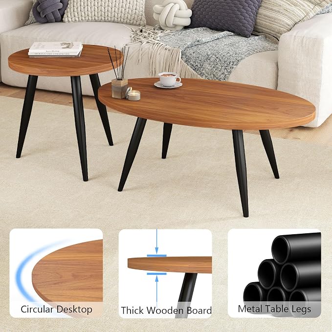 2-Piece Nesting Coffee Table Set, Oval & Round Mid-Century Modern Side Tables with MDF Tabletop & Metal Tapered Legs, Accent Table Set for Living Room, Small Spaces, Walnut