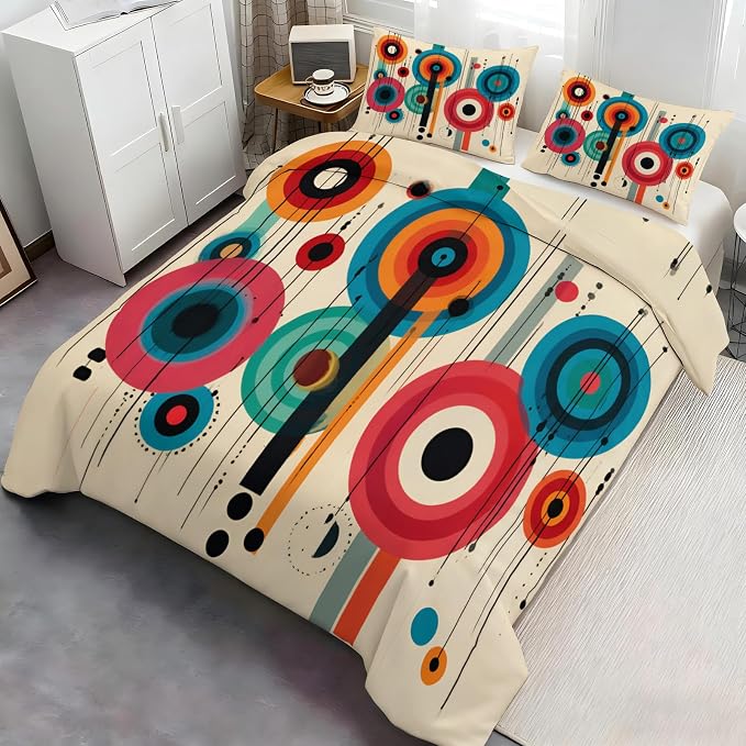 Bohemian Vintage Psychedelic Duvet Cover Oversized King, Mid Century Modern Bedding Set 3 Piece, Abstract Circle Geometric Patterned Comforter Cover with Zipper Soft Microfiber, 2 Pillowcases