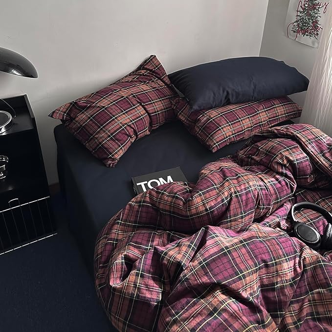 mixinni Vintage Burgundy Buffalo Plaid Comforter Cover Set King Size - 3 Piece Mid-Century Modern Washed Cotton Bedding, Soft Breathable Grid Duvet Cover with Matching Pillowcases for All-Season