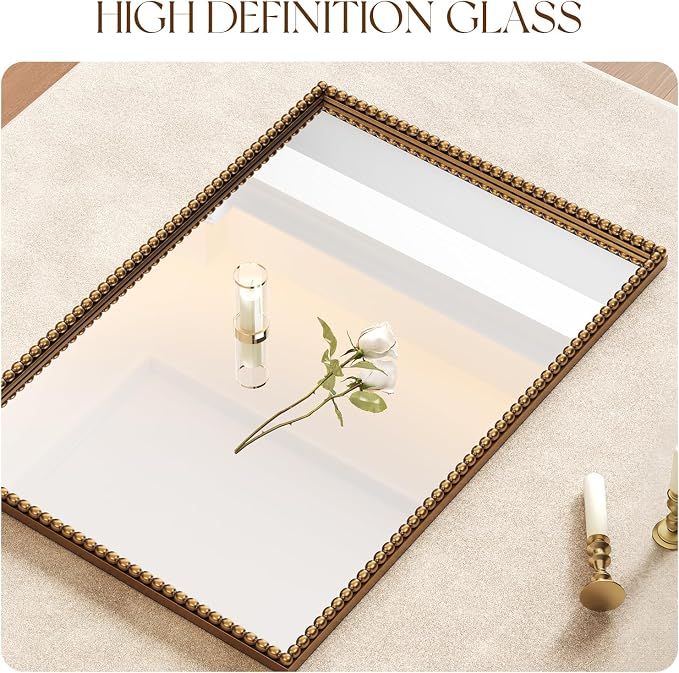 Uniclinens Vintage Rectangle Mirror Decor - Large Antique Gold Beaded Mirror for Wall Decor with Metal Frame, Ideal for Bathroom,Entryway, Fireplace, Living Room, Hallway,24"X36"
