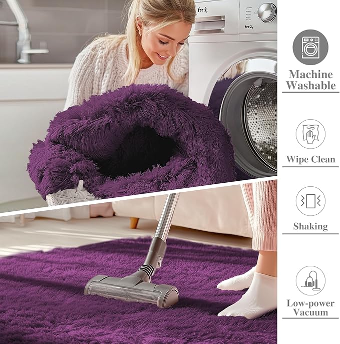 OLANLY 2x6 Machine Washable Runner Rugs for Hallway, Soft Fluffy Shaggy Bedside Rugs for Bedroom, Living Room, Indoor Floor Carpet for Kids Girls and Boys, Home Decor Aesthetic, Dark Purple