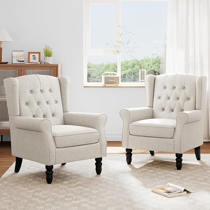 Accent Chairs Set of 2, High Back Upholstered Chair with Button Tufted, Mid-Century Modern Comfy Wingback Chair Reading Armchair in Fabric for Living Room for Bedroom, Office-Beige