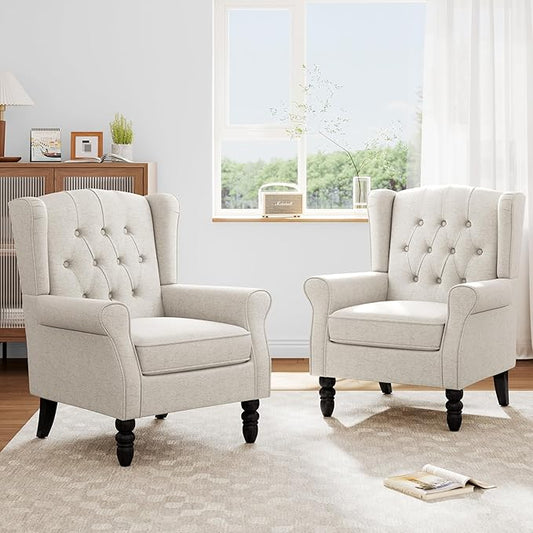 Accent Chairs Set of 2, High Back Upholstered Chair with Button Tufted, Mid-Century Modern Comfy Wingback Chair Reading Armchair in Fabric for Living Room for Bedroom, Office-Beige