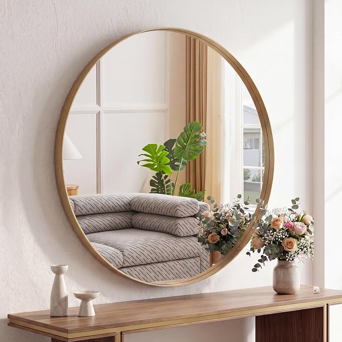 NEWBULIG 28-Inch Round Wall Mirror, Bathroom Wall Circle Mirror with Metal Frame, Bathroom Decor for Entryway, Living Room, Vanity, Gold