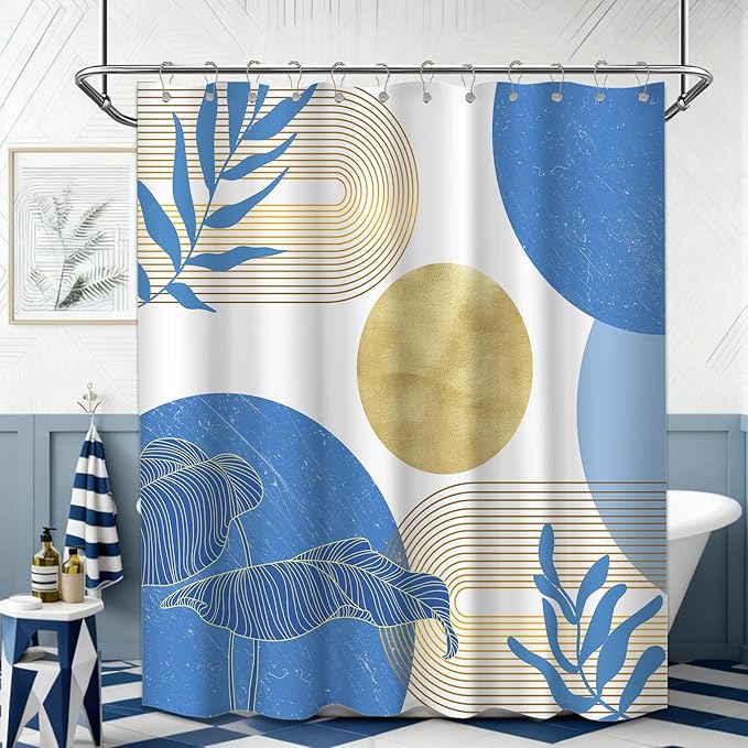 Light Blue and Gold Shower Curtain Boho Blue and White Shower Curtains for Bathroom Decor Mid Century Modern Bath Curtain Set, Waterproof Fabric with Hooks 70 x 72 Inch