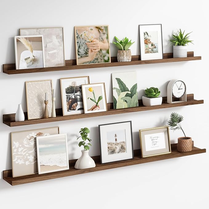 Axeman Picture Ledge Shelf | 55 Inch Walnut Floating Shelves Set of 3 | Rustic Wood Wall Shelves with Lip | 55" Walnut Picture Shelf for Wall with Ledge | Photo Shelves