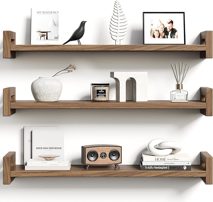 Vailando Floating Shelves for Wall, Set of 3 Solid Wood Wall Mounted Shelves, 23.6" Rustic Walnut Display Shelf for Bedroom, Living Room, Bathroom, and Kitchen Decor - Heavy-Duty & Natural Pine