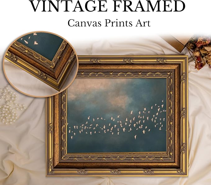 Vintage Gold Framed Flock of Birds in Flight Wall Art, Abstract Teal and Blush Sky Canvas Prints, Minimalist Nature Painting Poster Artworkfor Living Room Bedroom Office Wall Decor，12x16in