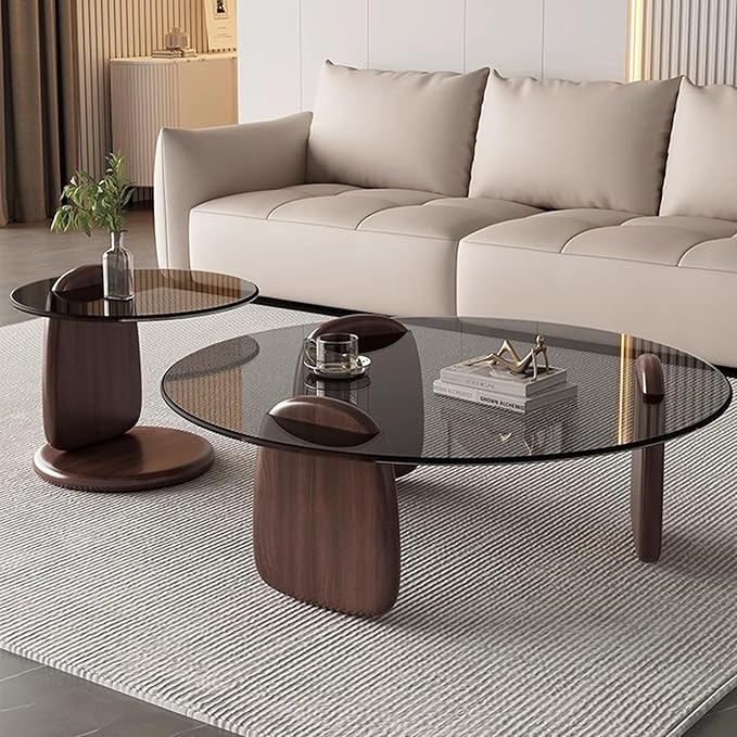 EASYSOUL Modern Round Coffee Table with Glass Top, 35.43" L x 35.43" W x 14.69" H, Circular Tea Tables for Living Room Home Office Industrial Cocktail Tables (Walunt-Grey Glass/35.43")