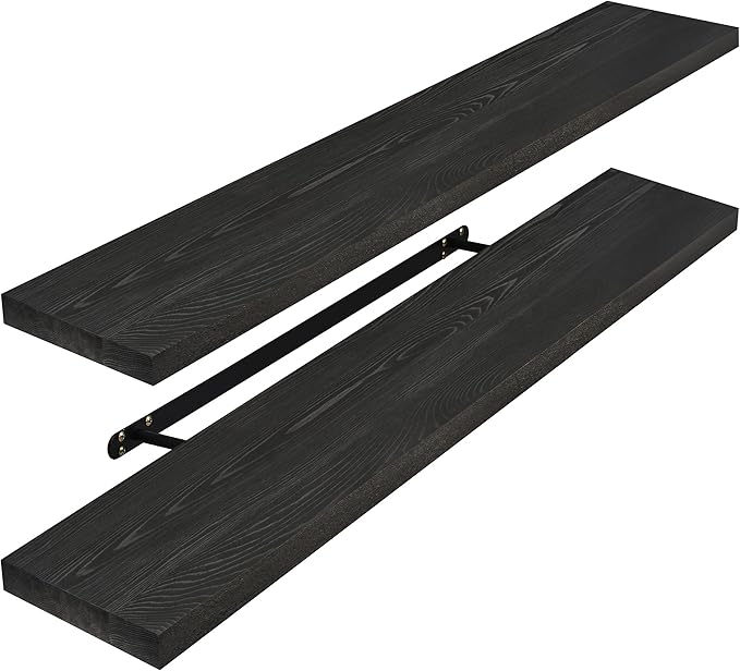Sorbus Wood Floating Shelves for Wall - 35” Solid Wood Wall Shelves for Bathroom Decor, Books, Bedroom & Living Room - Set of 2 Black Wall Mounted Kitchen Shelves - Durable Solid Pine