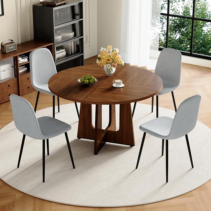 47" Round Dining Table Set for 4, Walnut Wood Grain Table and 4 Light Gray Linen Upholstered Chairs Set, Mid Century Modern Kitchen Table Set with Cross Legs