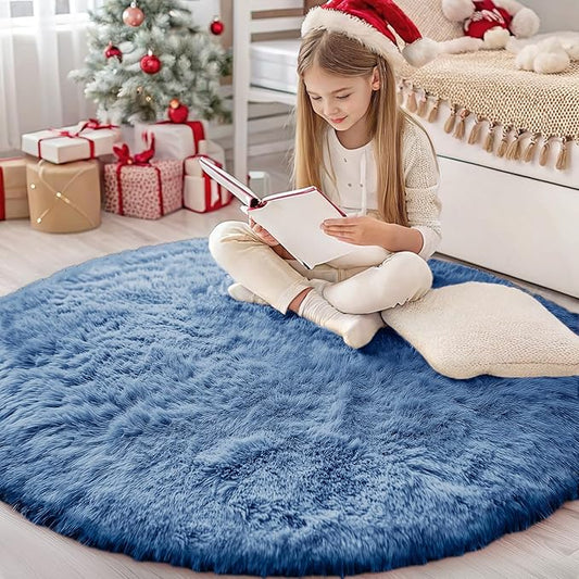 OLANLY Blue Round Rugs for Bedroom - Machine Washable, 4 ft Circle Area Rugs for Living Room, Soft and Fluffy Shaggy Carpet for Teen Girl and Boys, Nursery Rooms, Dorms, Home Decor Aesthetic