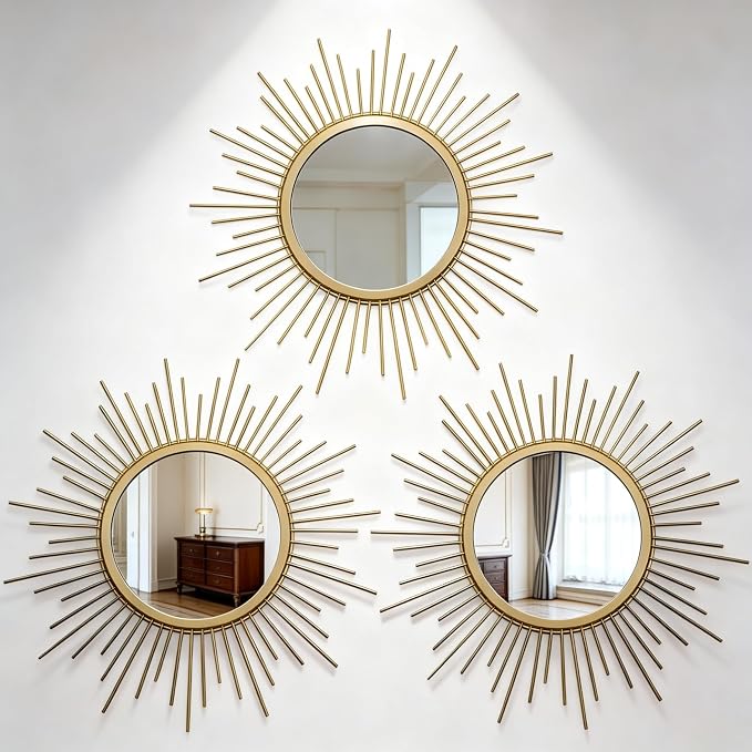 Gold Sunburst Mirror Set of 3, 3PCS Metal Round Decorative Wall Mirrors, Starburst Accent Mirror Wall Decor for Living Room, Bedroom, Entryway, Hallway & Bathroom
