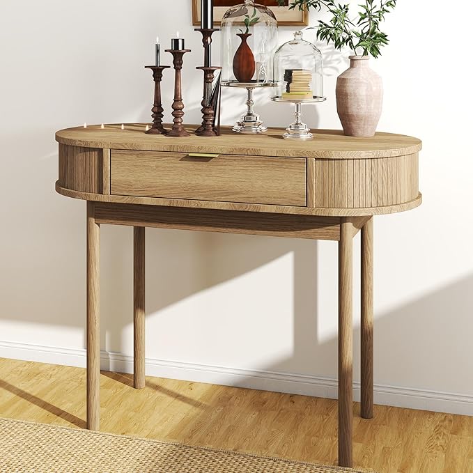 SoarFlash 39 Inch Small Computer Desk with Drawer, Mid-Century Modern Writing Desk with Solid Wood Legs - Compact Home Office Desk & Makeup Vanity for Small Space, Bedroom Study Table in Brown
