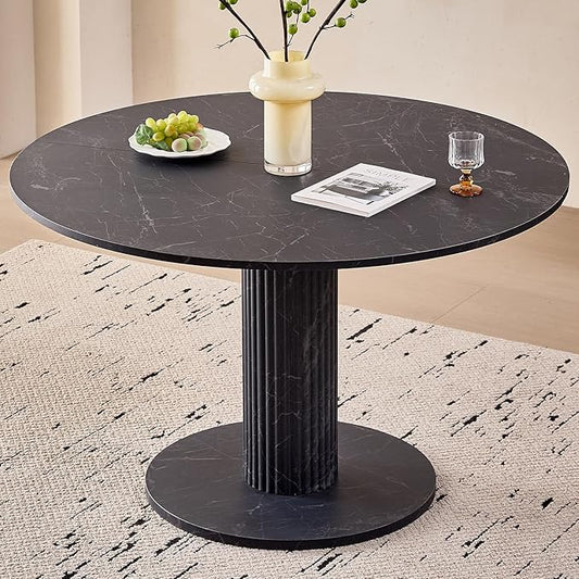 47" Round Dining Table for 4, [Cylinder Pedestal Base] [Stone-Patterned] Modern Circle Dinner Table for Kitchen Dining Living Room, Black Marble Patterned