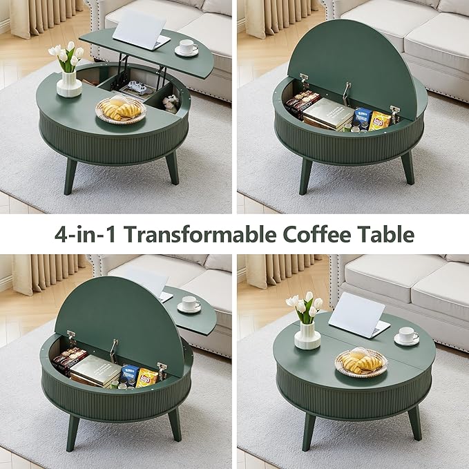 Round Lift Top Coffee Table with Storage, 35.4'' Fluted Wood Center Table Mid Century Modern Coffee Table with Lifting Top for Living Room, Office, Small Space (Green)