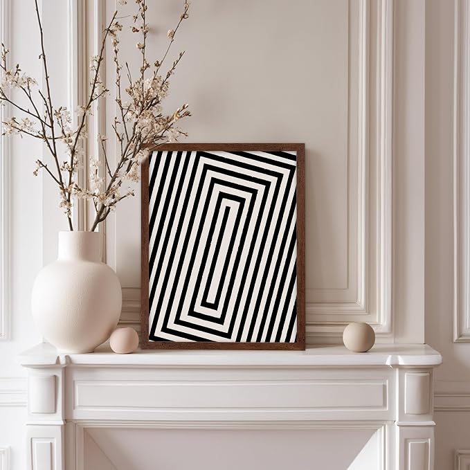 Poster Master Rectangle Tunnel Poster - Angular Swirl Print - Geometric Design - Abstract Design - Japanese Ink Art - Mid Century Modern Illustration - Living Room Decor - 8x10 Brown Framed