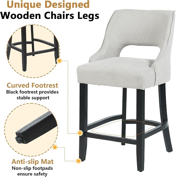 ClinQ Bar Stools Set of 4, 26" H Counter Height Bar Stools with Backs, Modern Upholstered Accent Barstools with Curved Footrest for Kitchen Island, Dining Room and Bar, Grey-Black Legs