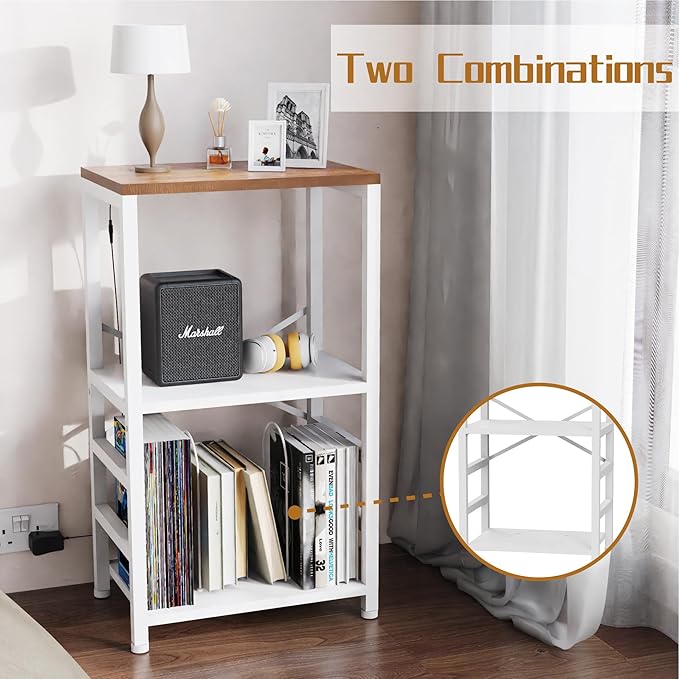 YAKANJ End Table with LED Light,Record Player Stand with Albums Storage,Vinyl Records Storage,Turntable Stand Side Table for Music Room Studio Living Room Bedroom-White