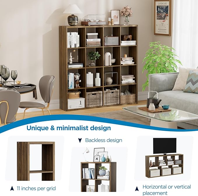 16 Cube Storage Organizer Bookcase, Thick Frame Wood Grain Storage Shelf, Rectangular Cube Open Back Display Unit, 48.8x9.4x48.8 Inches for Living Room, Bedroom, Home Office, Children's Room, Brown
