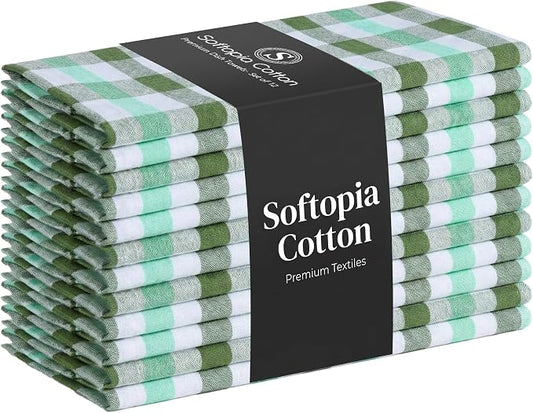 Checked Kitchen Towels 12 Pack, 18"x26", 100% Cotton, Absorbent Dish Towels for Kitchen Drying, Reusable Dishcloths for Cleaning, Quick Dry Wash Rags - Mint Green, Aqua Green, White