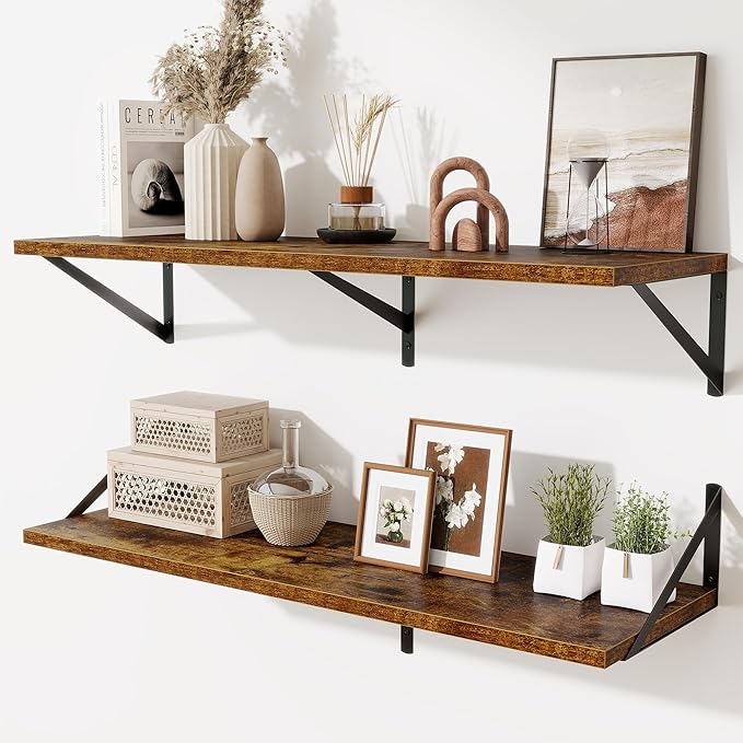 Deep Floating Shelves for Wall,36" Wx10 D Wood Wall Shelves with Metal Brackets,Hanging Storage Floating Shelf for Living Room,Bedroom,Bathroom,Office,Kitchen,Rustic Brown