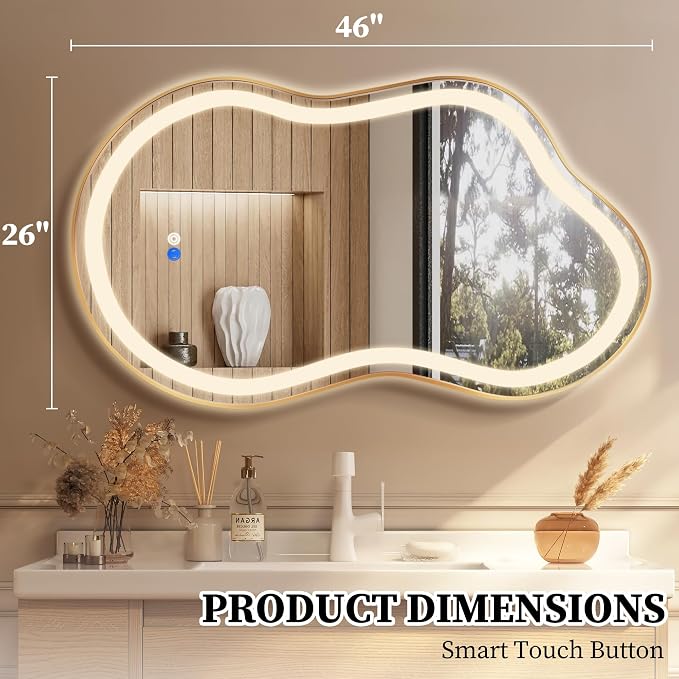 Irregular LED Bathroom Mirror with Lights, Cloud Smart Backlit Mirror, Dimmable Lighted Bathroom Gold Mirror with Anti-Fog, Asymmetrical Vanity Mirror Hangable 2 Ways (Gold, 26 x 46, 2 Pack)
