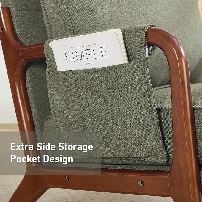 ANJ Mid Century Modern Accent Chair, Lounge Reading Armchair with Extra Side Pocket & Detachable Cushion, Comfy Fabric Accent Chairs for Living Room, Bedroom,Green