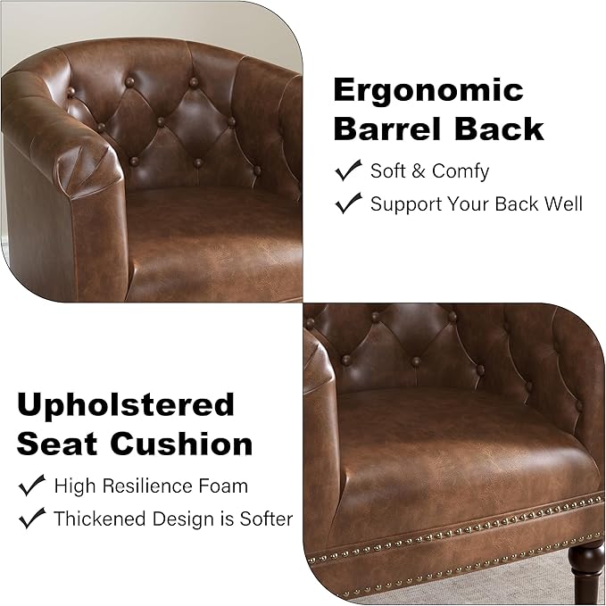 Accent Chair, Upholstered Faux Leather Barrel Chair with Nailed Trim, Comfy Club Armchair for Reading Living Room Bedroom Waiting Room (Rust, Set of 1)