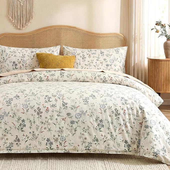 Floral Duvet Cover Set King Size 100% Cotton Green Floral Comforter Cover 3 Pcs Lightweight Soft Aesthetic Floral Bedding Sets