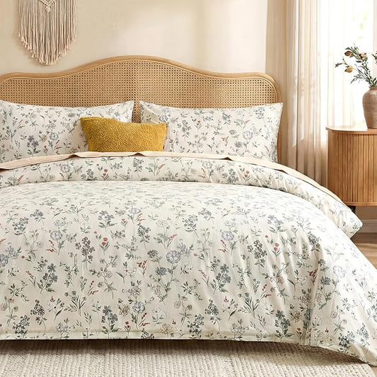 Floral Duvet Cover Set Full Size 100% Cotton Green Floral Comforter Cover 3 Pcs Lightweight Soft Aesthetic Floral Bedding Sets