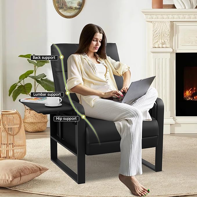 Alunaune Upholstered Living Room Chair Armchair, Mid Century Faux Leather Metal Accent Chair, Reception Couch Slipper Club Lounge Chair Guest Comfy Single Sofa with Sidetable for Bedroom-Black