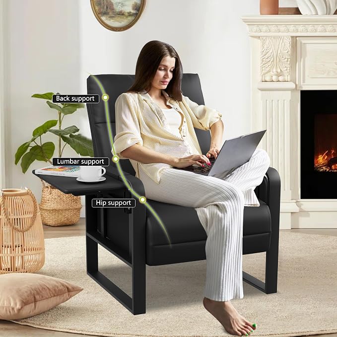 Alunaune Upholstered Living Room Chair Armchair Set of 2, Mid Century Faux Leather Metal Accent Chair, Reception Couch Slipper Club Lounge Chair Guest Comfy Single Sofa with Sidetable-Black